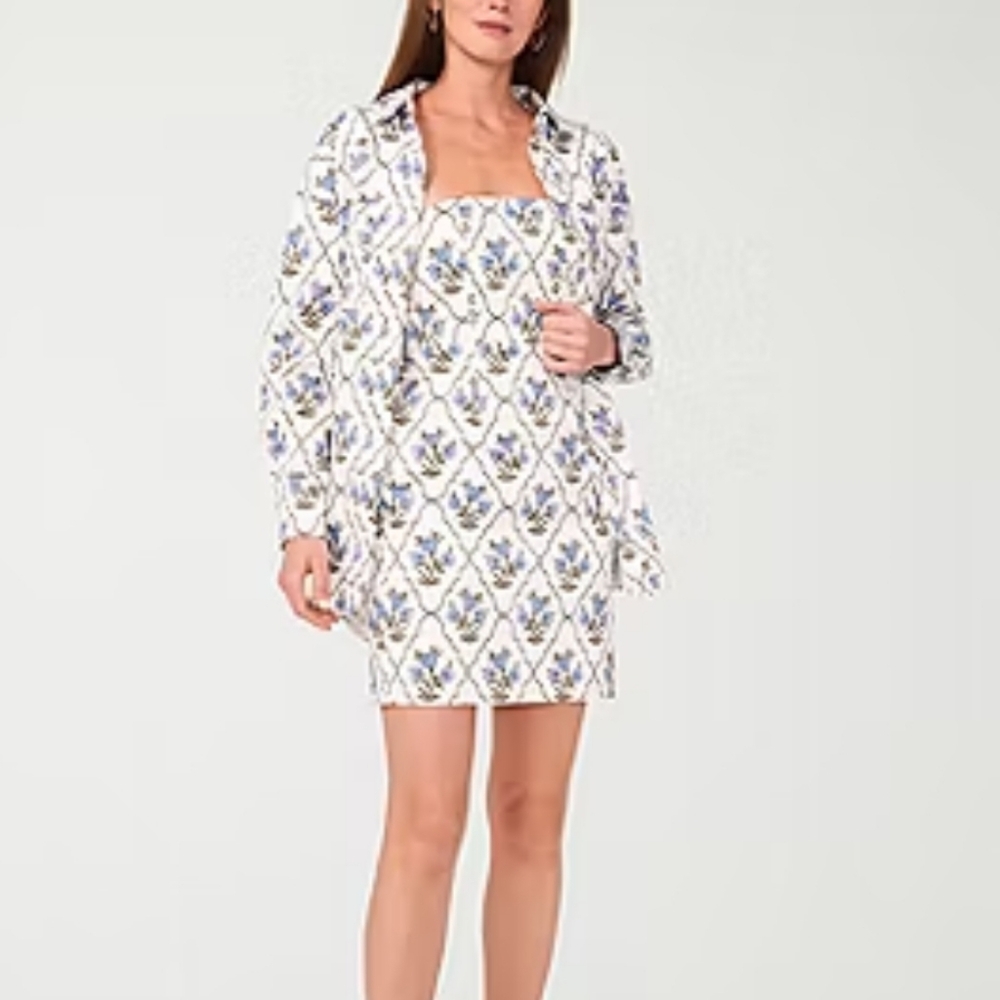 NEW Sam And Jess White & Blue Floral Jacket Dress Sz L